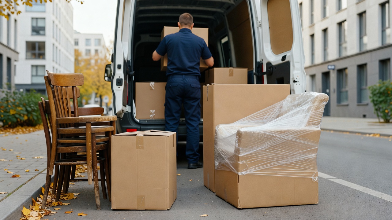 Auto dostawcze wypakowujące kartony z przedmiotami